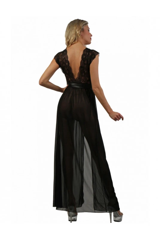 Déshabillé Long Noir Micro Résille Dentelle Bijou – Image 2