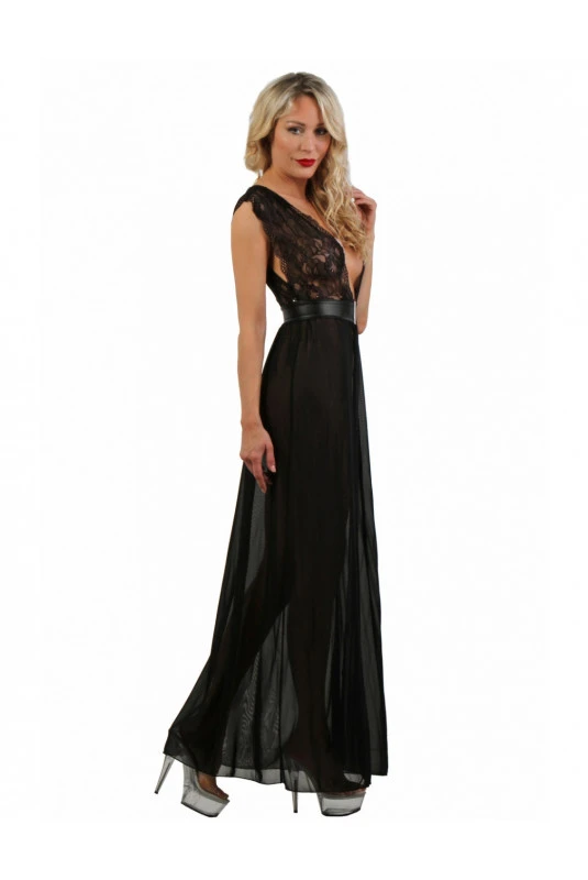 Déshabillé Long Noir Micro Résille Dentelle Bijou – Image 3