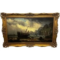 Marine 19th Century Oil Painting Cornish Shipwreck Beached Signed Millson Hunt Dated 1883